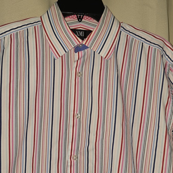 XMI Men's LS Shirt Multi Color Stripe Flip Cuffs Designer Sharp Medium EUC - Picture 1 of 7